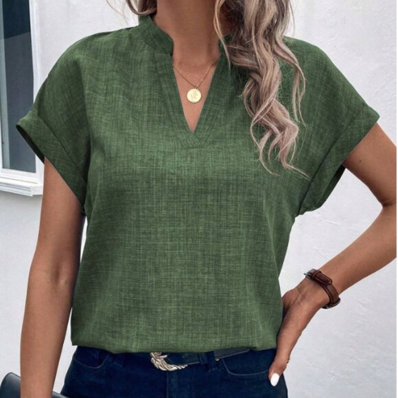 Tops - Short Sleeve Batwing Top w/ Notched V-Neckline